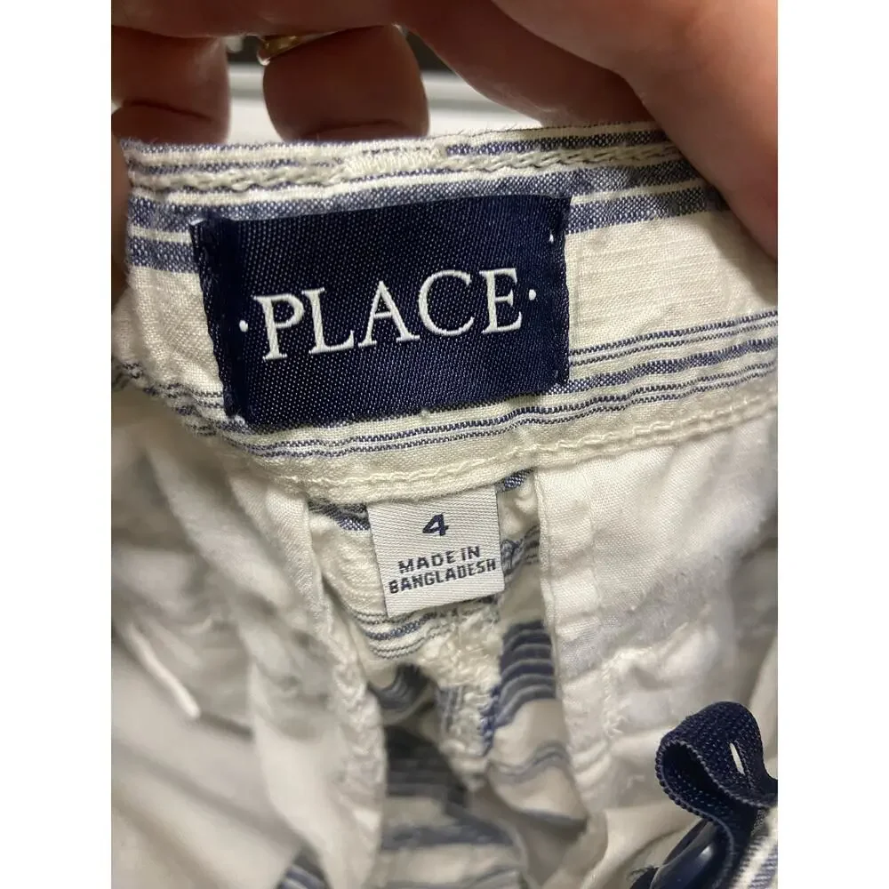 Children's Place‎ Boys Shorts Size 4 Blue Off White Striped Adjustable Waist
